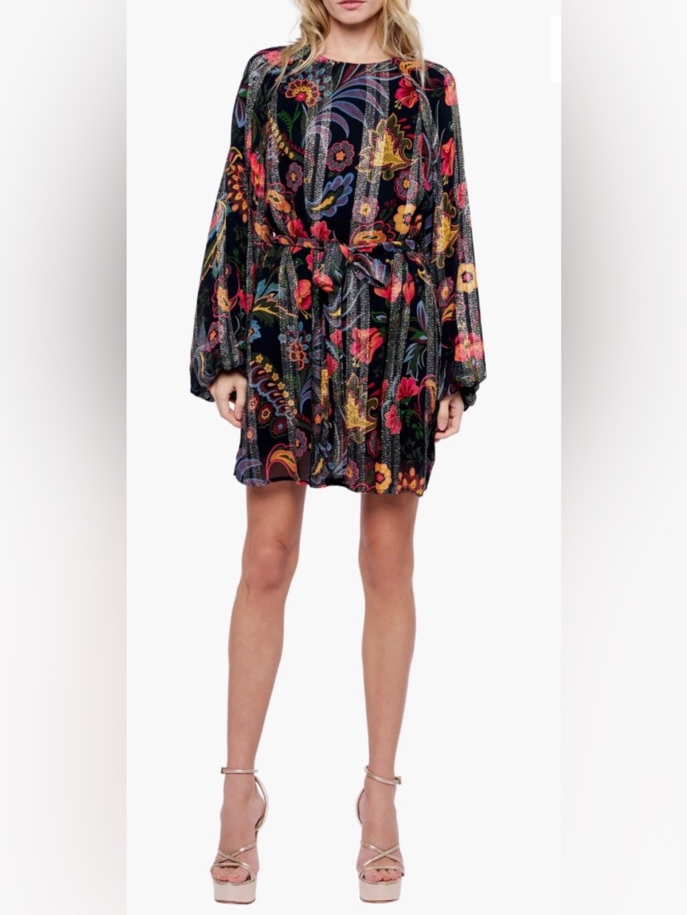 👗 NWT CIEBON Odette Floral Metallic Long Sleeve Belted Dress Size L or XL